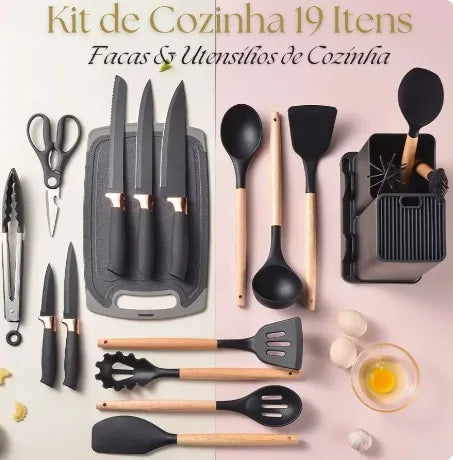 Kit Completo Jogo Utensílios de Cozinha Luxo 19 Peças Com Tábua em Silicone/ Espátula/ Faca/ Tesoura